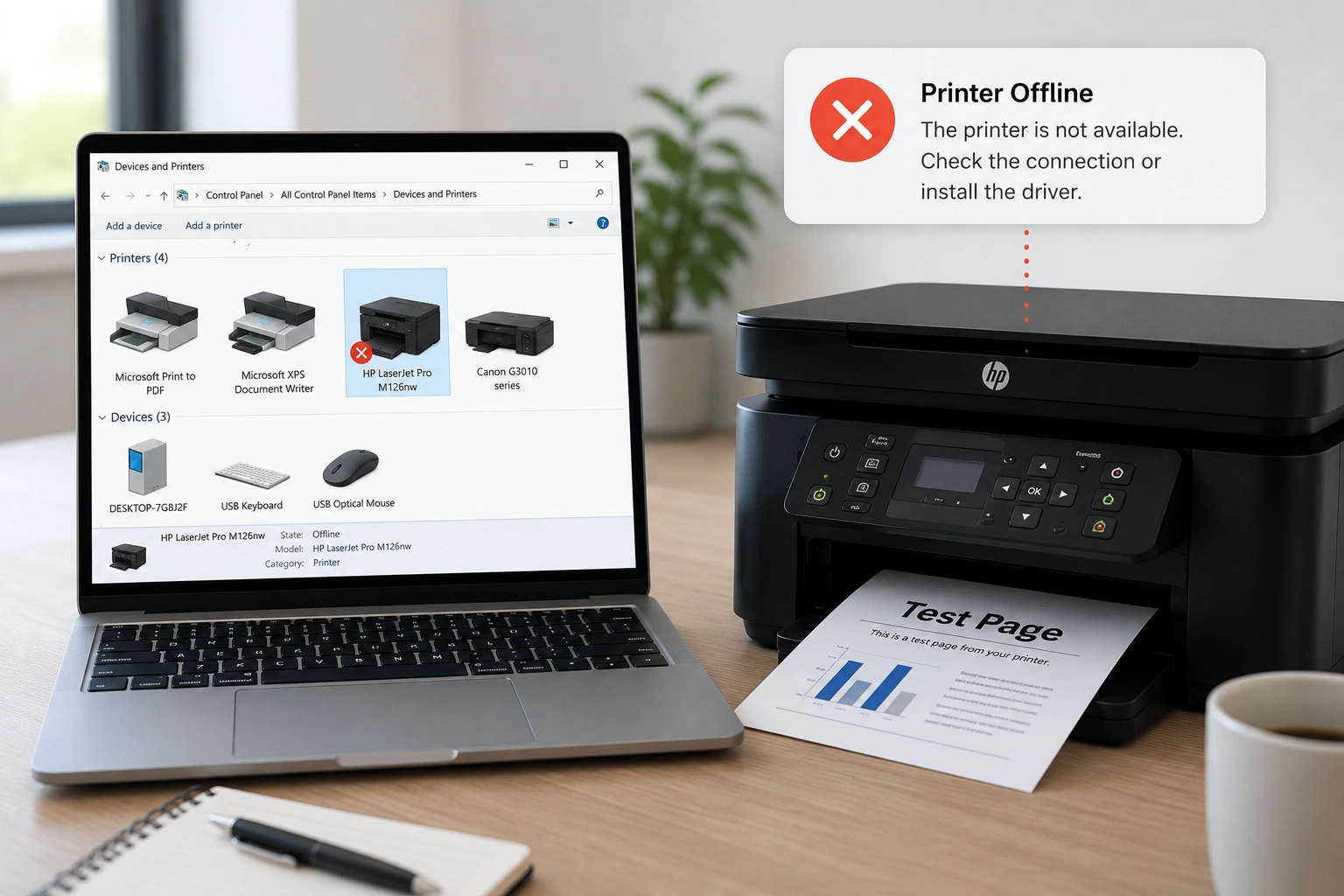 Printer offline control panel visual